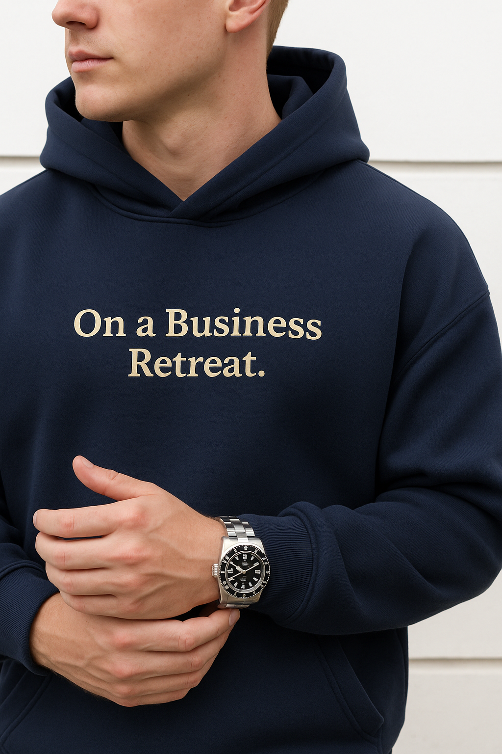 Суичър с надпис “On a Business Retreat.”